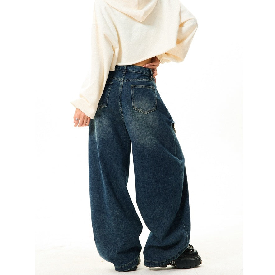 Stitching Double Waist Design Loose Jeans MW9803