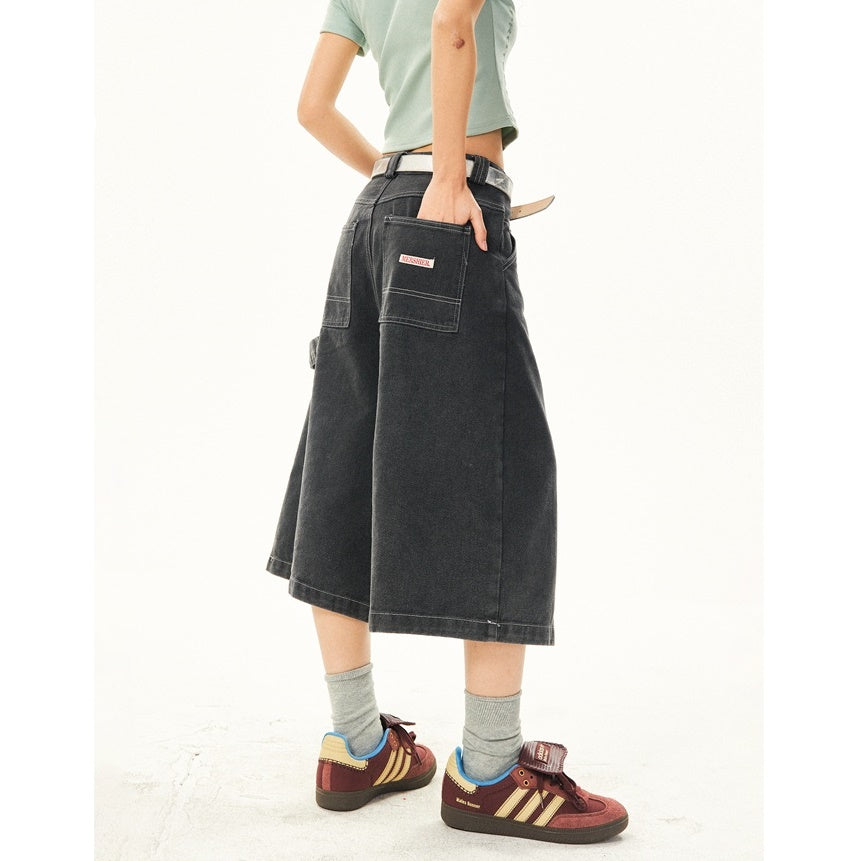 Washed Denim Stitch Design Cropped Pants YS7012