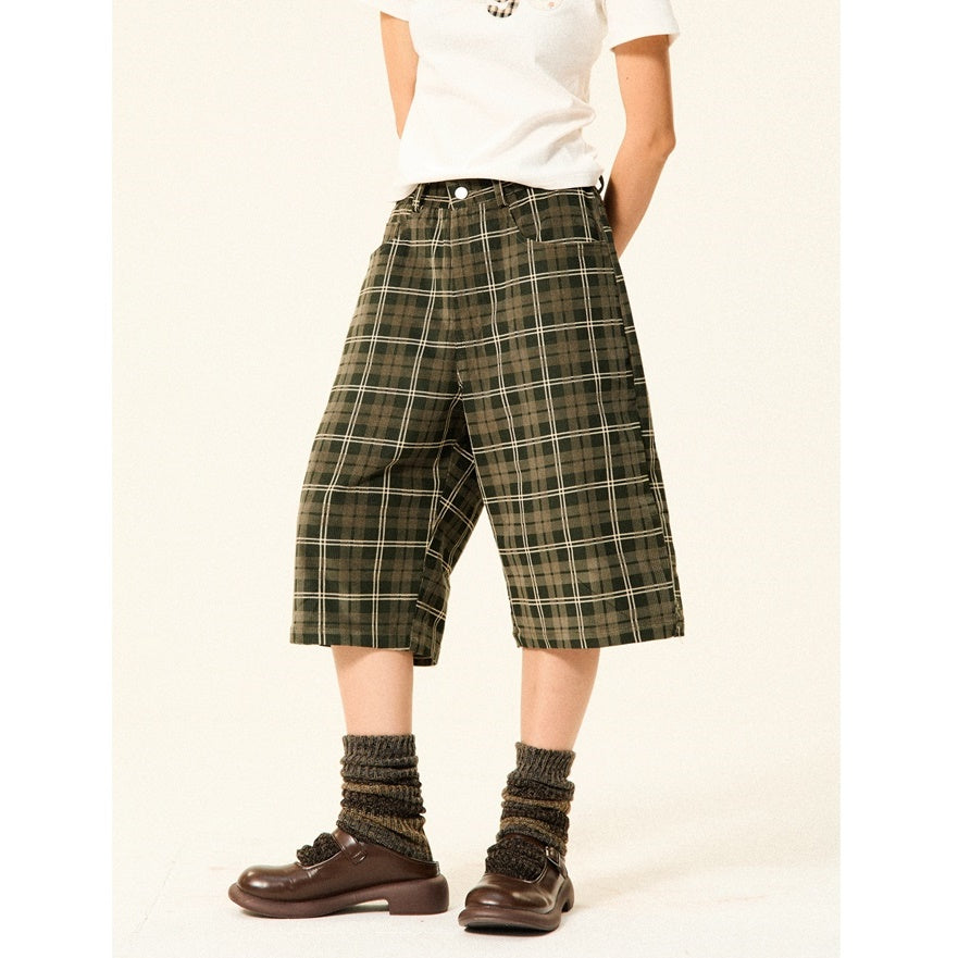 Retro Plaid Straight Leg Loose Cropped Pants YS7011