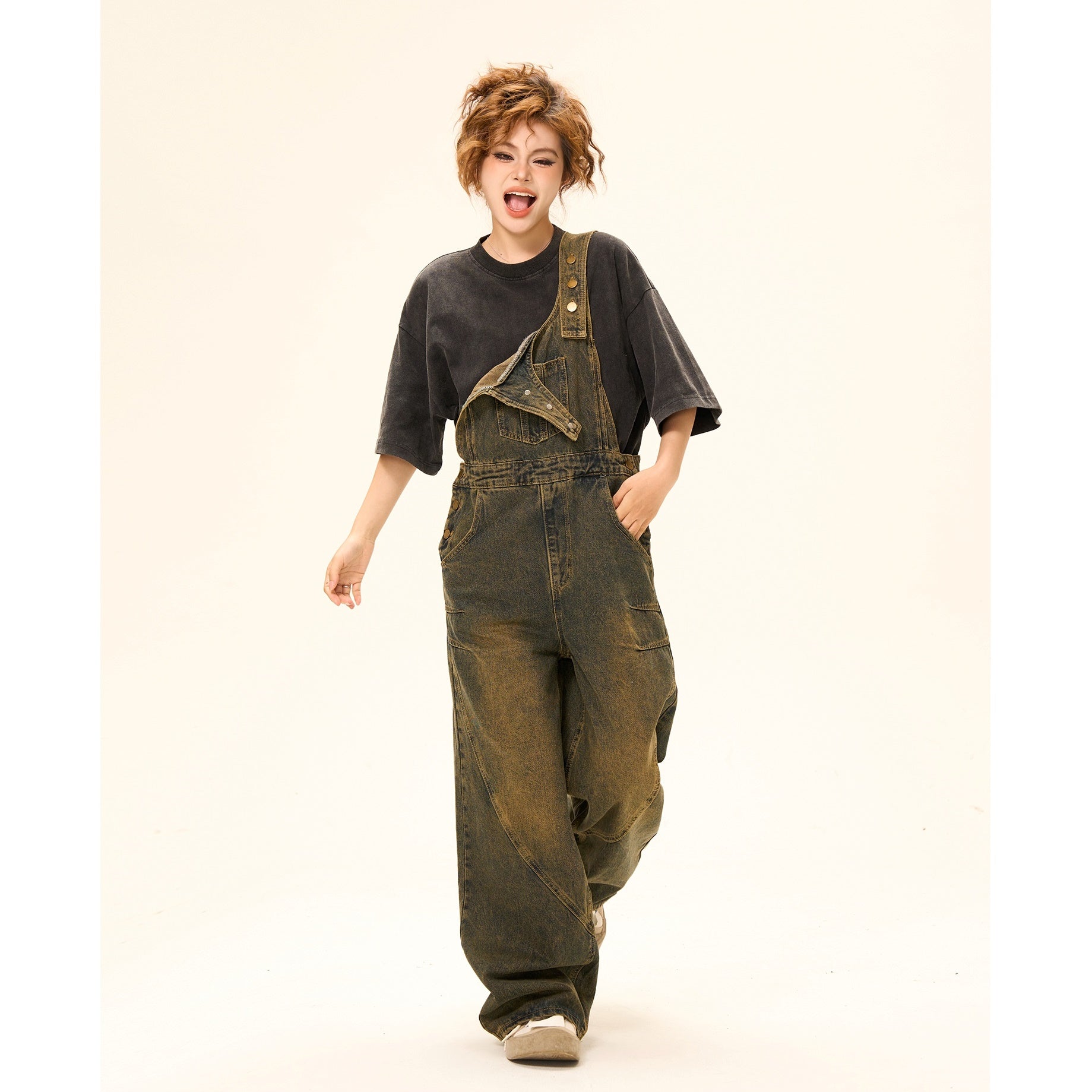 Washed Distressed Design Denim Overall MW9336