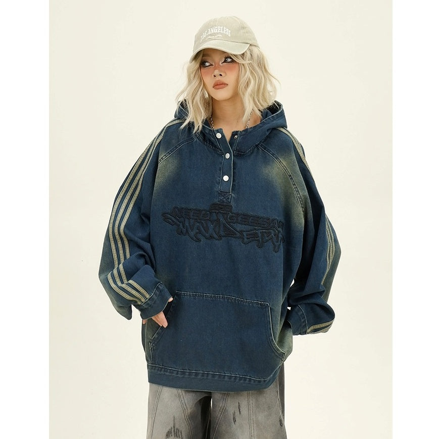 Letter Embroidery Denim Hooded Pullover MW9943