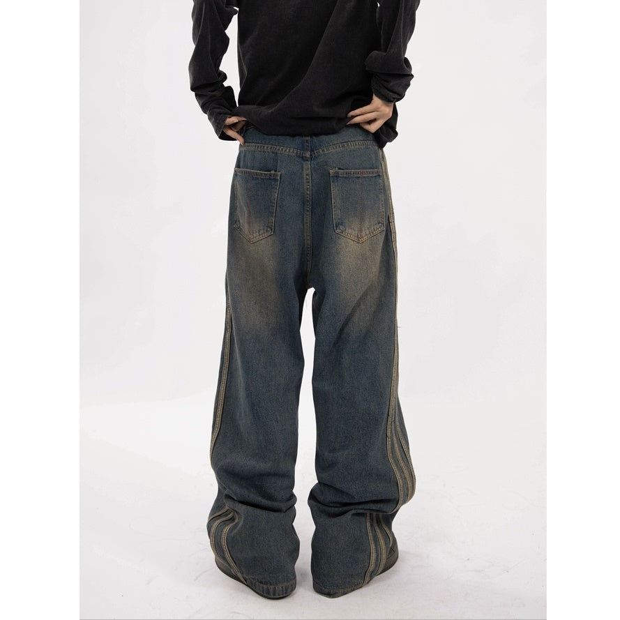 Retro Old Washed Side Line Loose Straight Jeans YS7006