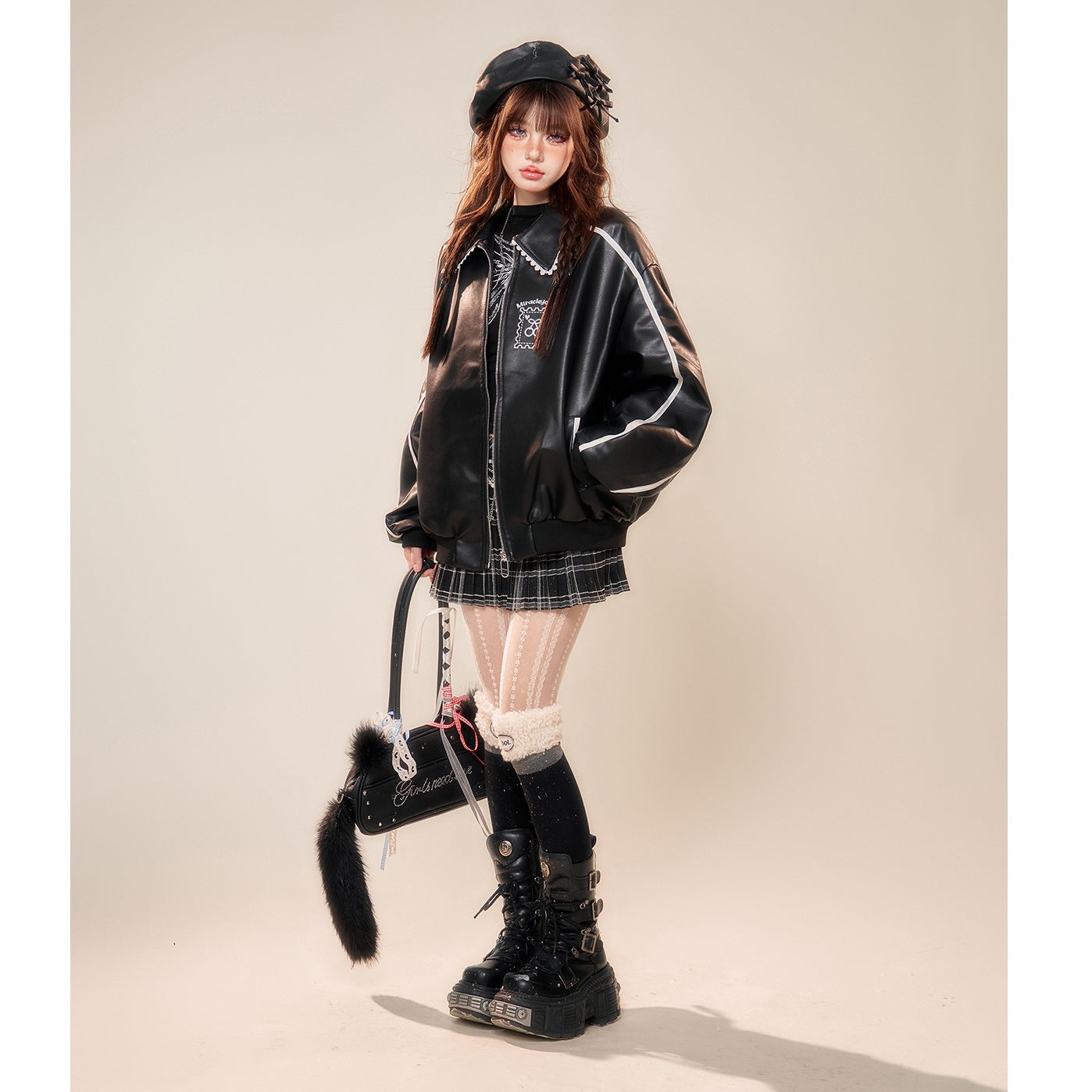 Lace Stitch Motorcycle PU Leather Jacket KK2008