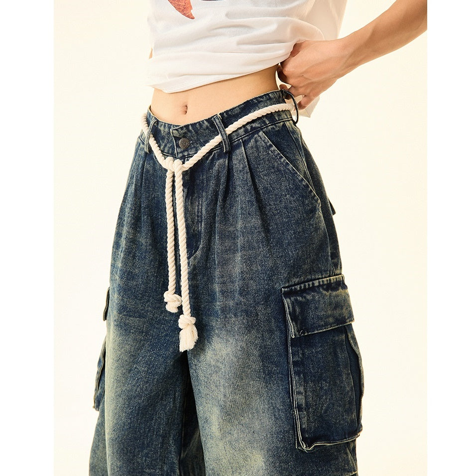 Washed Cargo Wide-leg Work Jeans MW9427