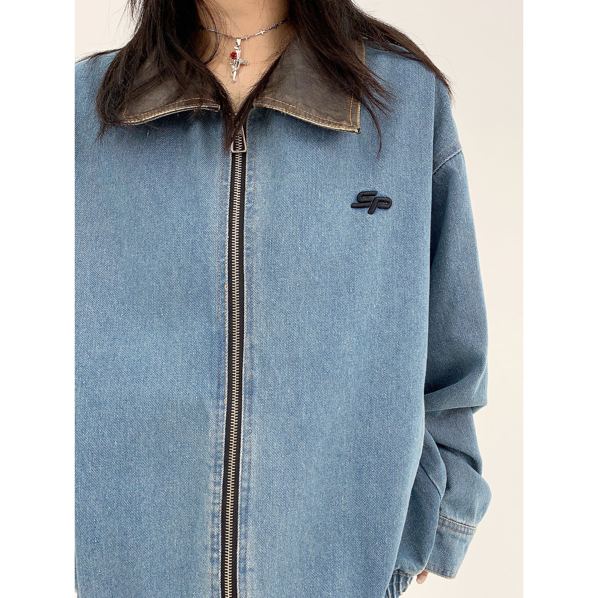 PU Leather Collar Stitched Denim Blouson MW9825