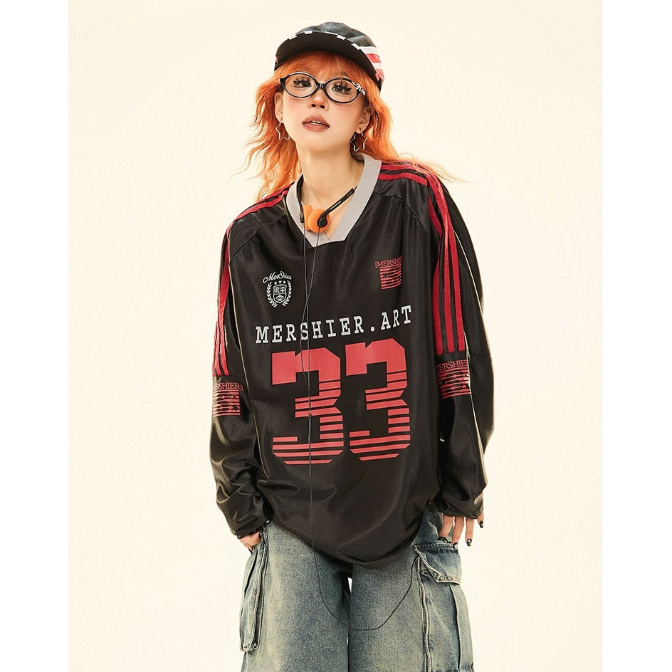 V-neck Sports Style Jersey Long-sleeved T-shirt MW9285