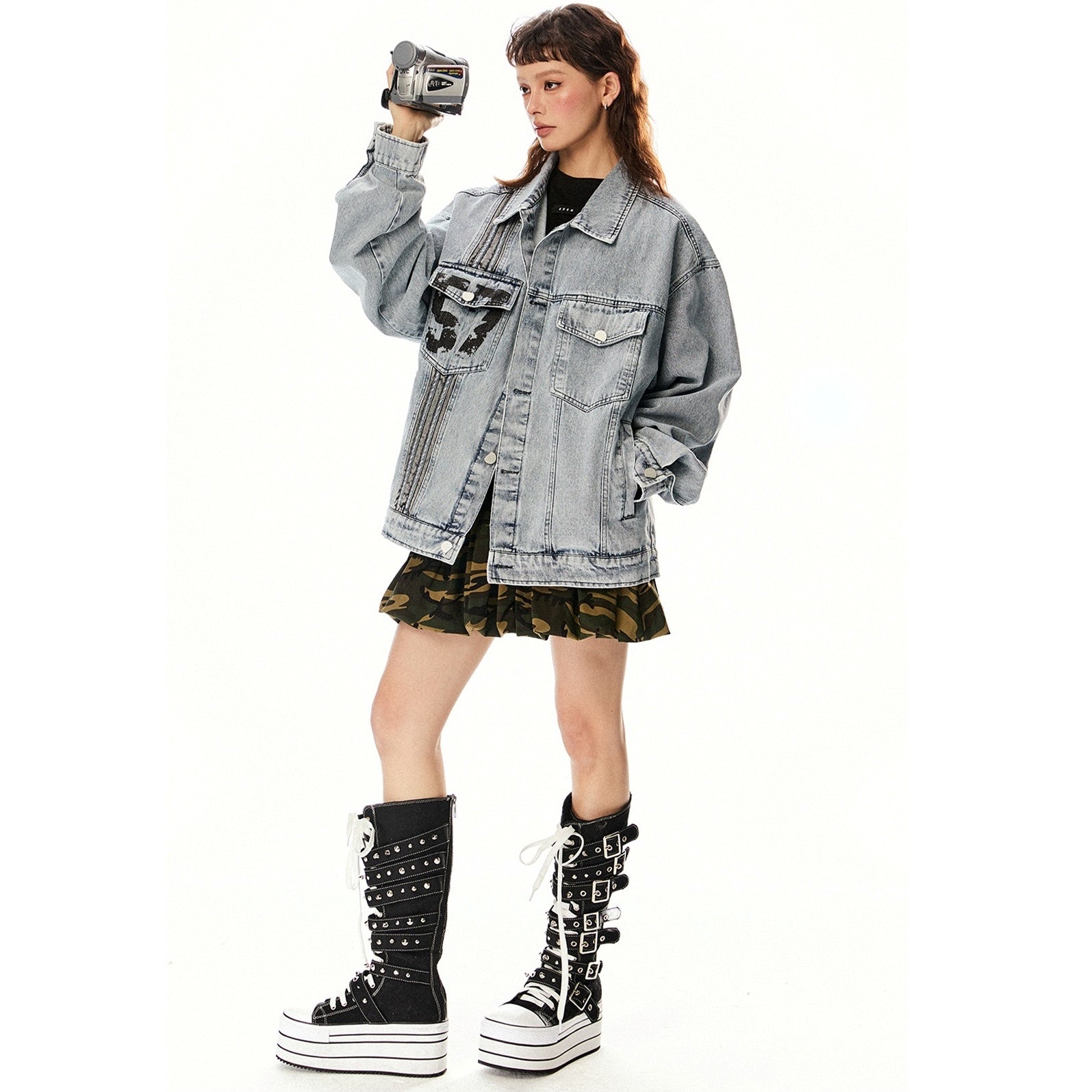 Number Print Oversize Denim Jacket EZ233