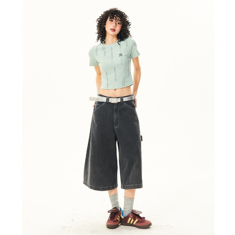 Washed Denim Stitch Design Cropped Pants YS7012