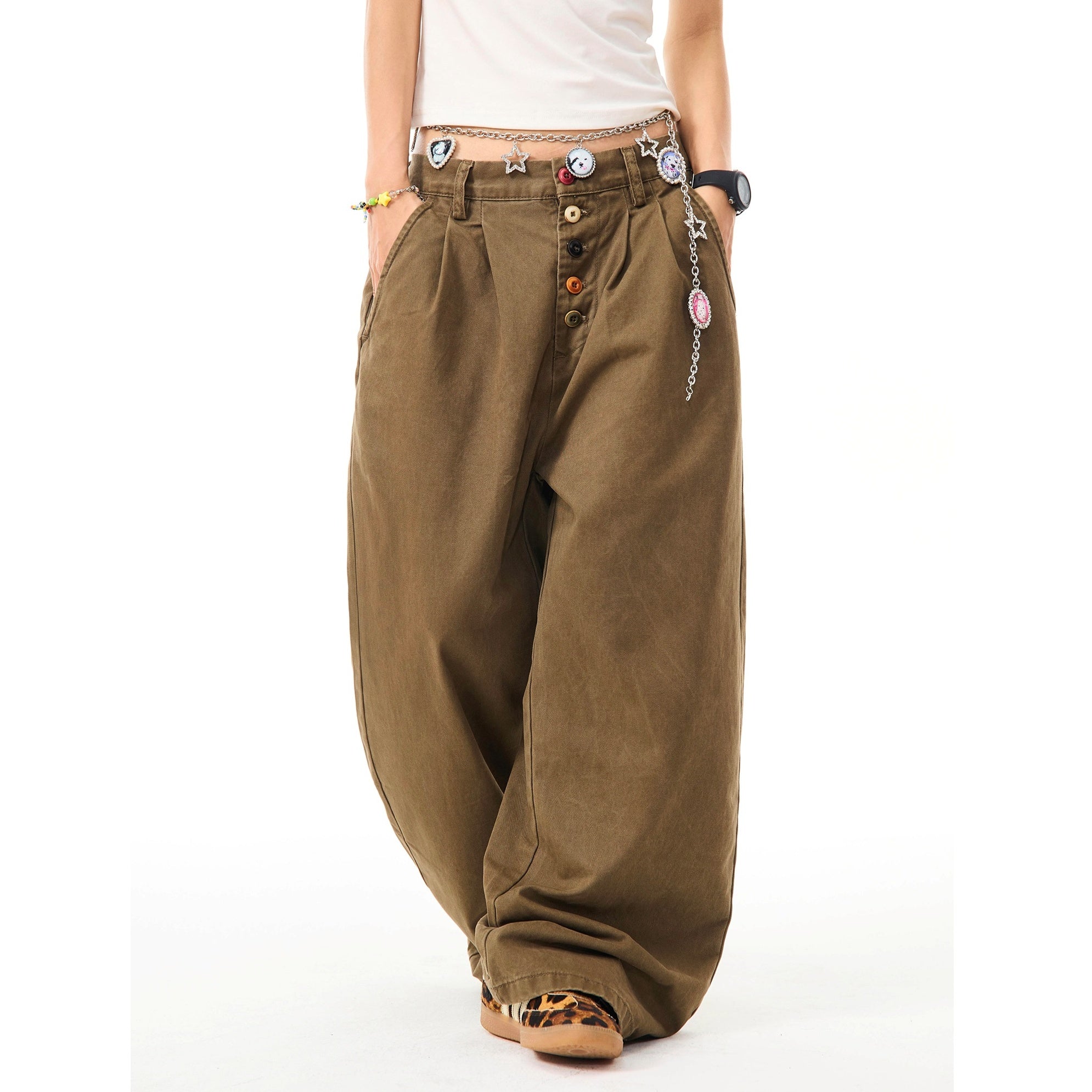 Color Button Wide Straight Pants MW10099