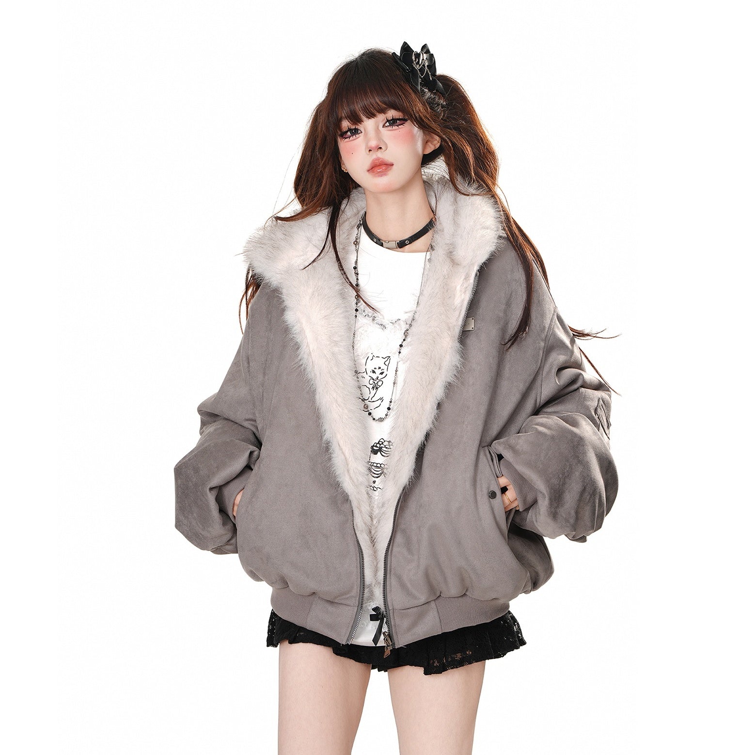 Hooded Reversible Plush Jacket KK2022