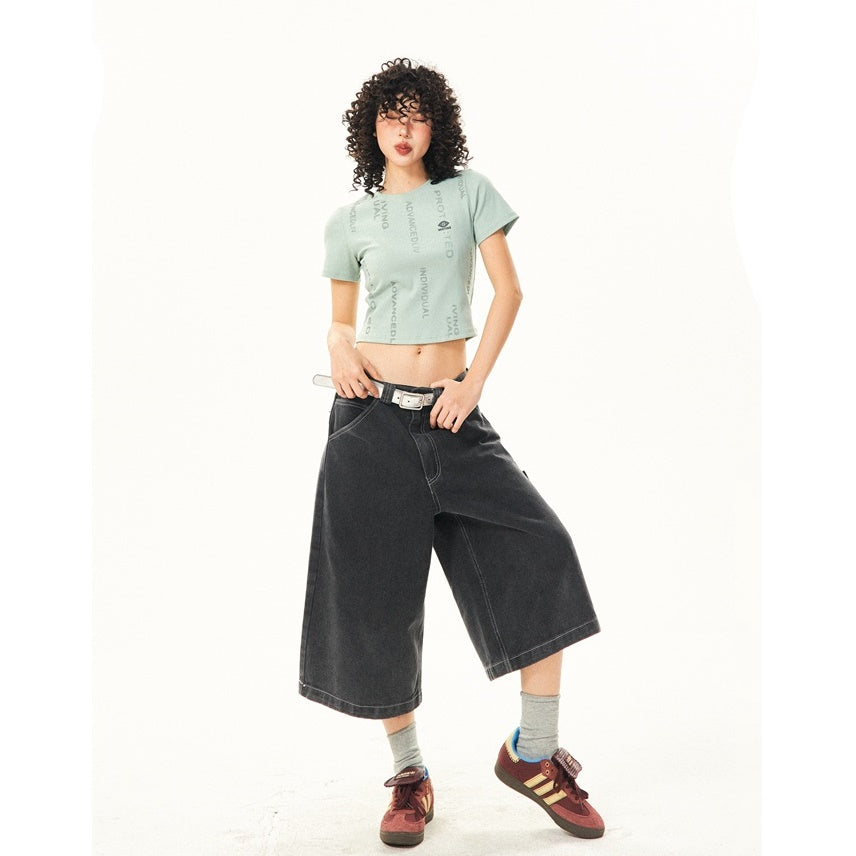 Washed Denim Stitch Design Cropped Pants YS7012