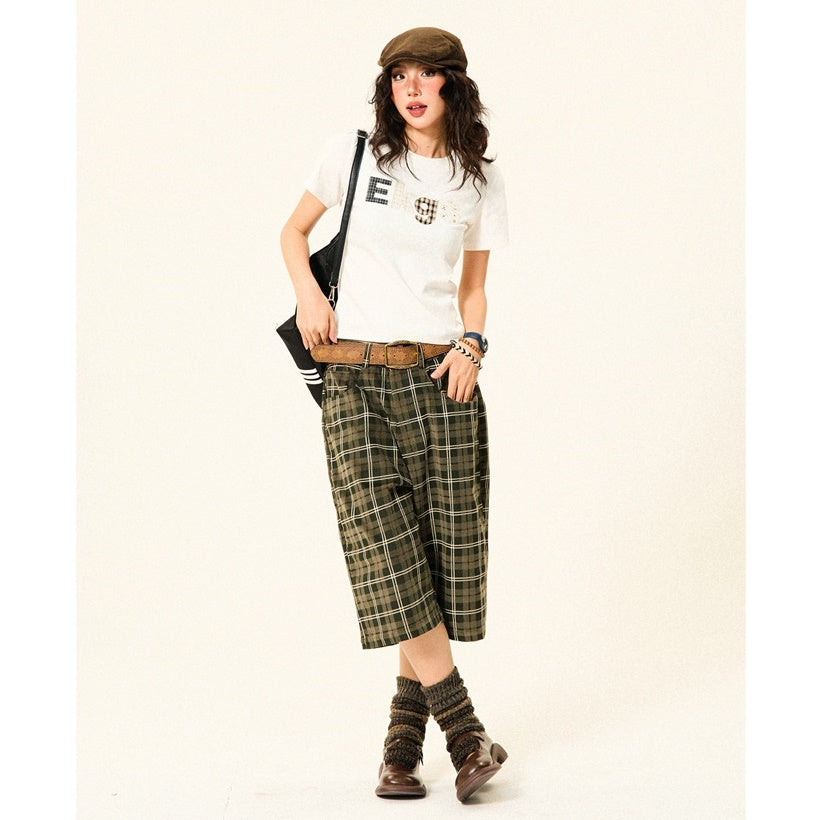 Retro Plaid Straight Leg Loose Cropped Pants YS7011