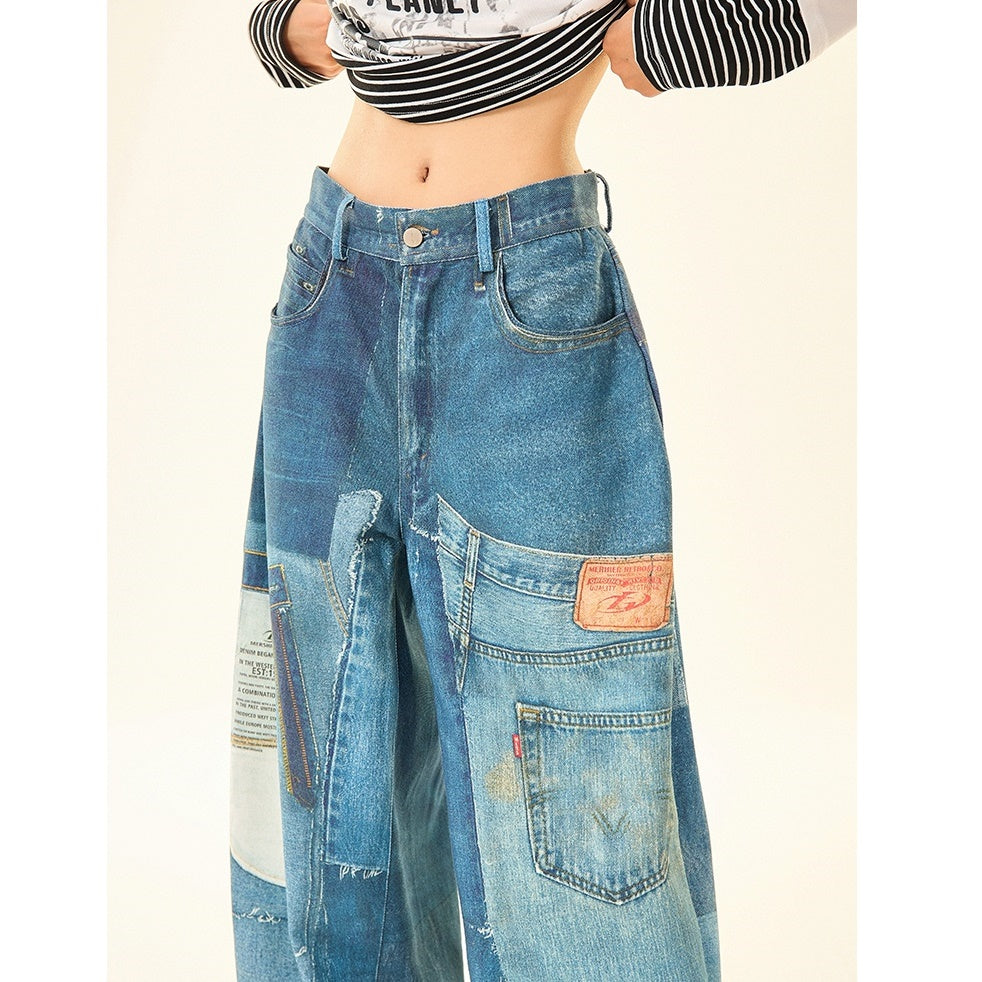 Patch Stitched Print Loose Straight Jeans MW9529