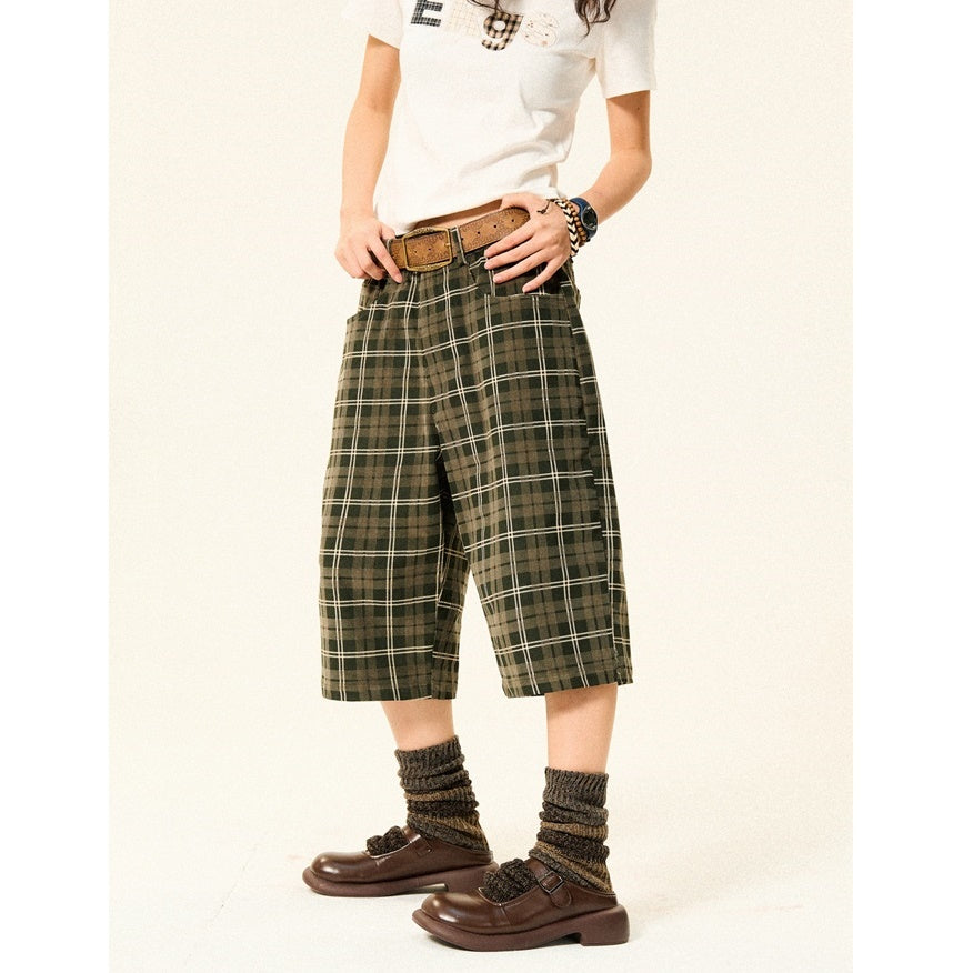 Retro Plaid Straight Leg Loose Cropped Pants YS7011