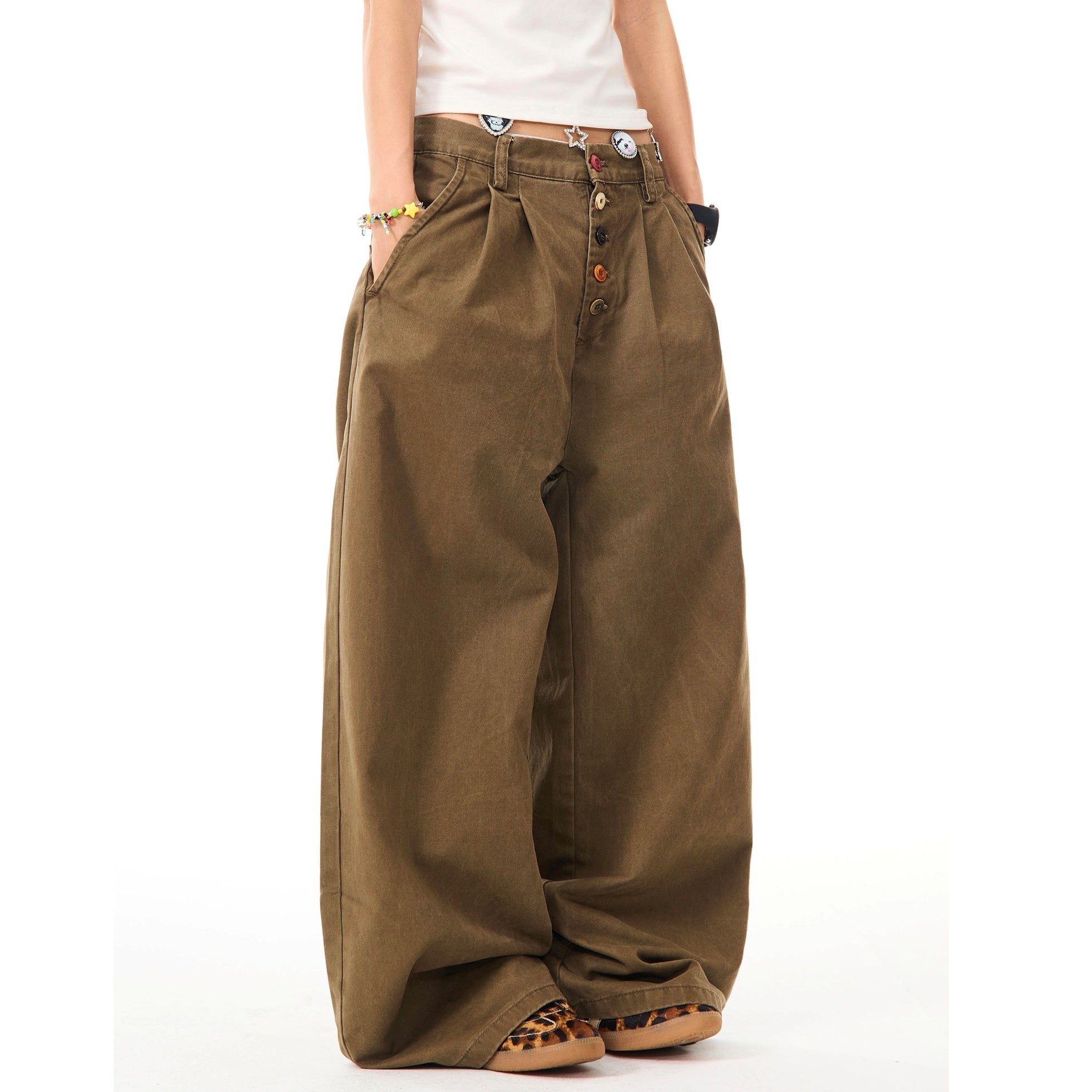 Color Button Wide Straight Pants MW10099