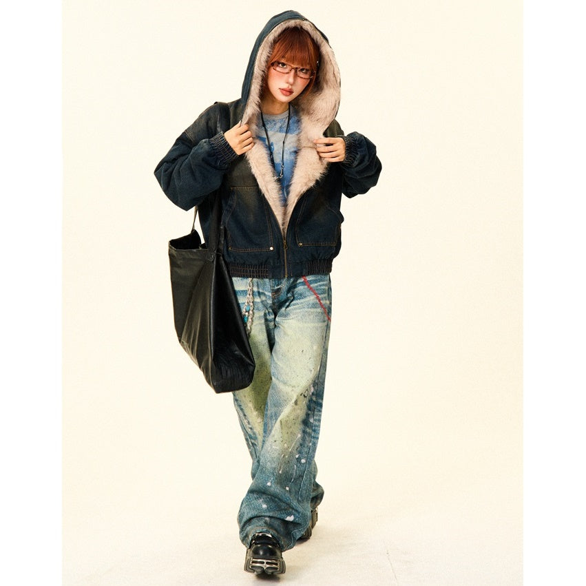 Fluffy Fur Denim Hooded Jacket MW9703