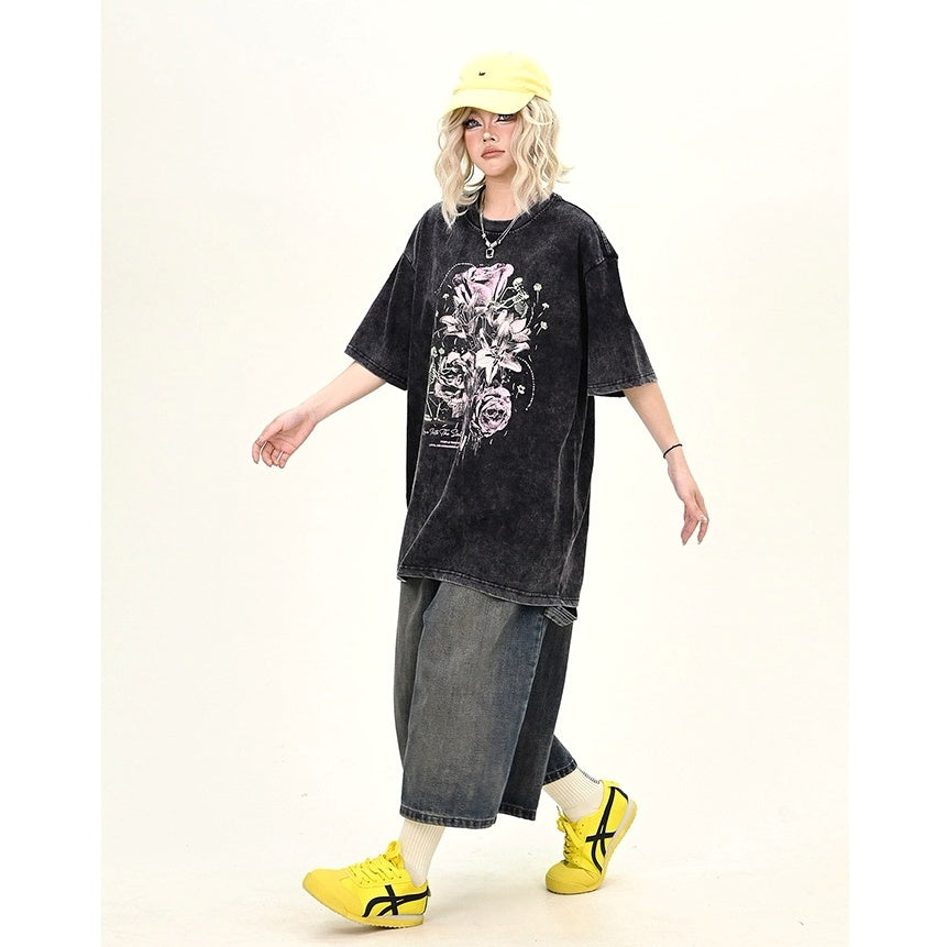 Skull Rose Print Wash Loose T-shirt MW9951