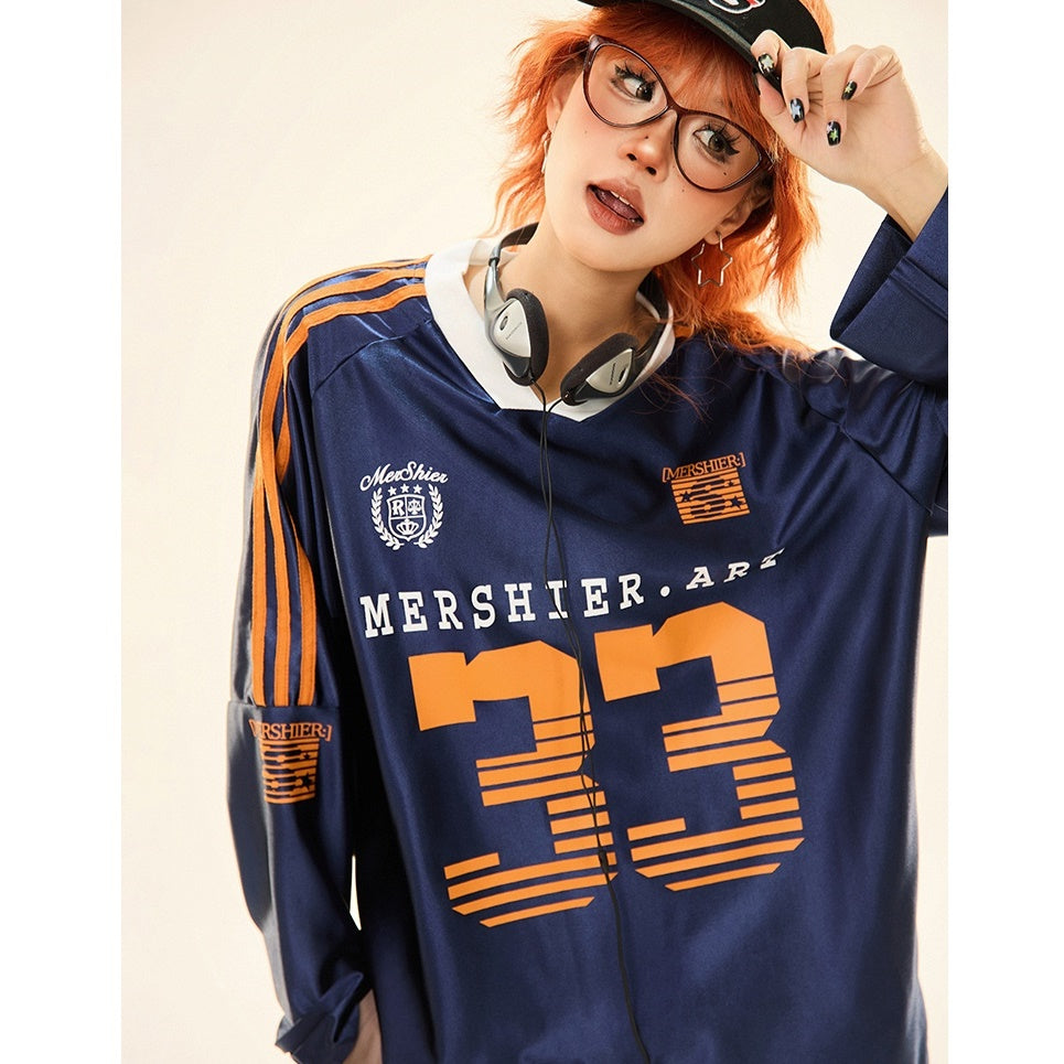 V-neck Sports Style Jersey Long-sleeved T-shirt MW9285