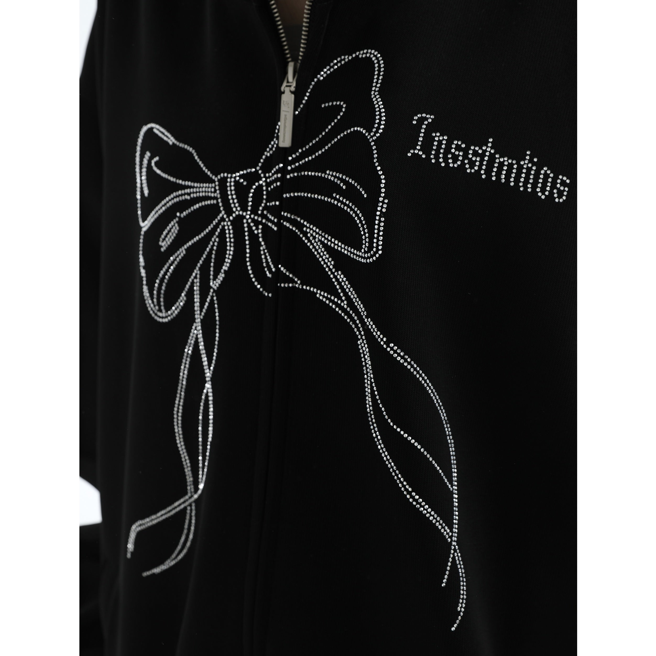 Rhinestone Bow Logo Loose Hooded Zip Parka IN7012