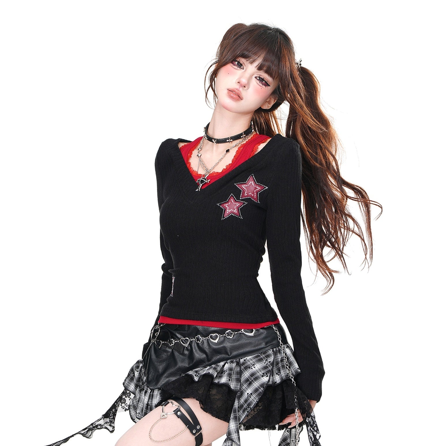 Fake Two Knitted Off-shoulder Cutsew KK2051
