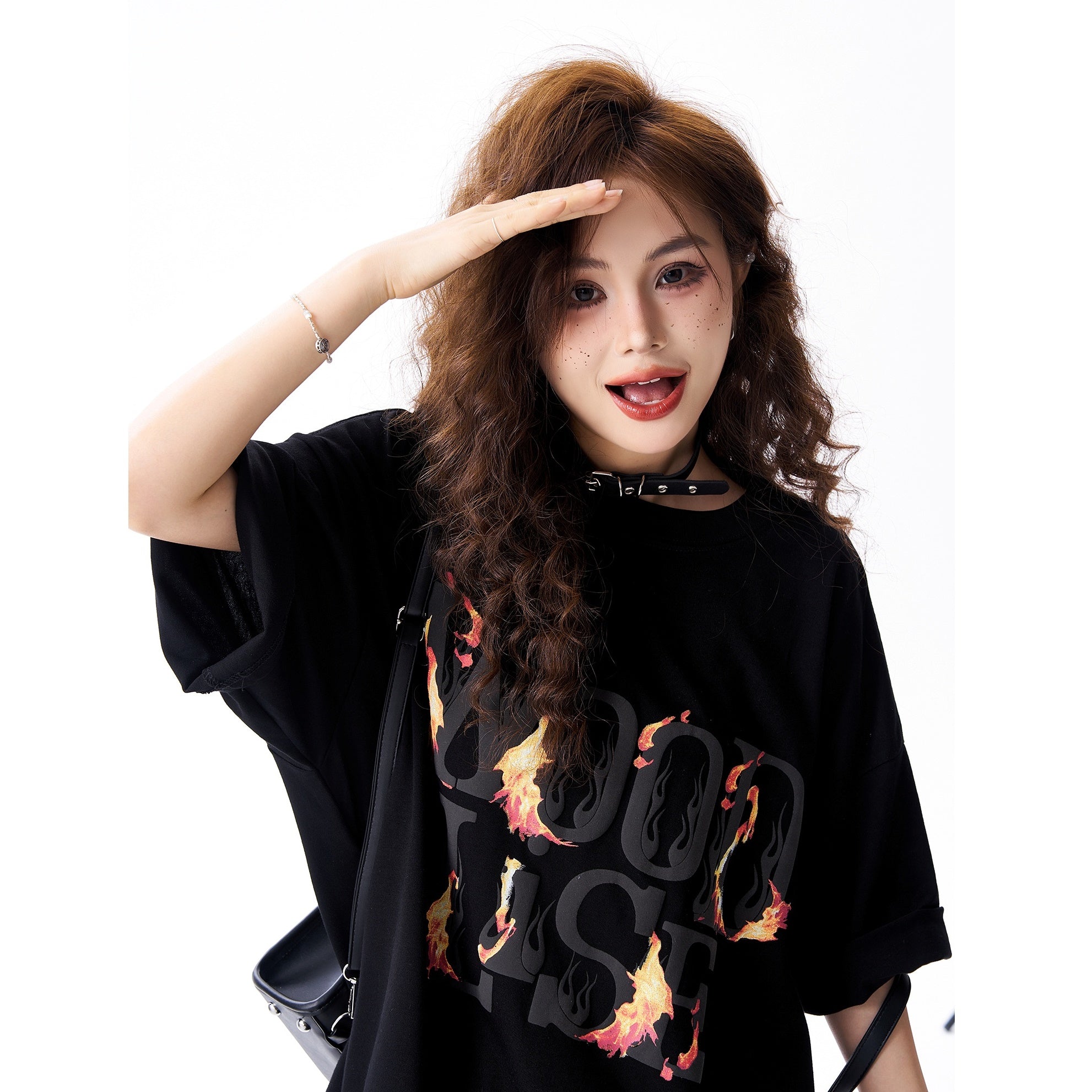 Fire Logo Foam Print Loose T-Shirt HG7168