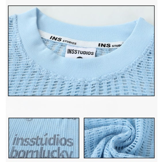 Monogram Print Loose Mesh Knitted Long Sleeve T-Shirt MW9194