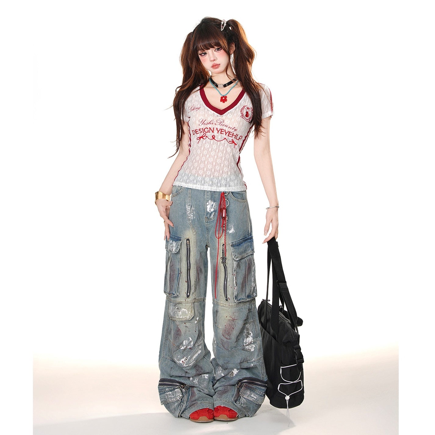 Paint Wide-Leg Zipper Cargo Jeans KK2055