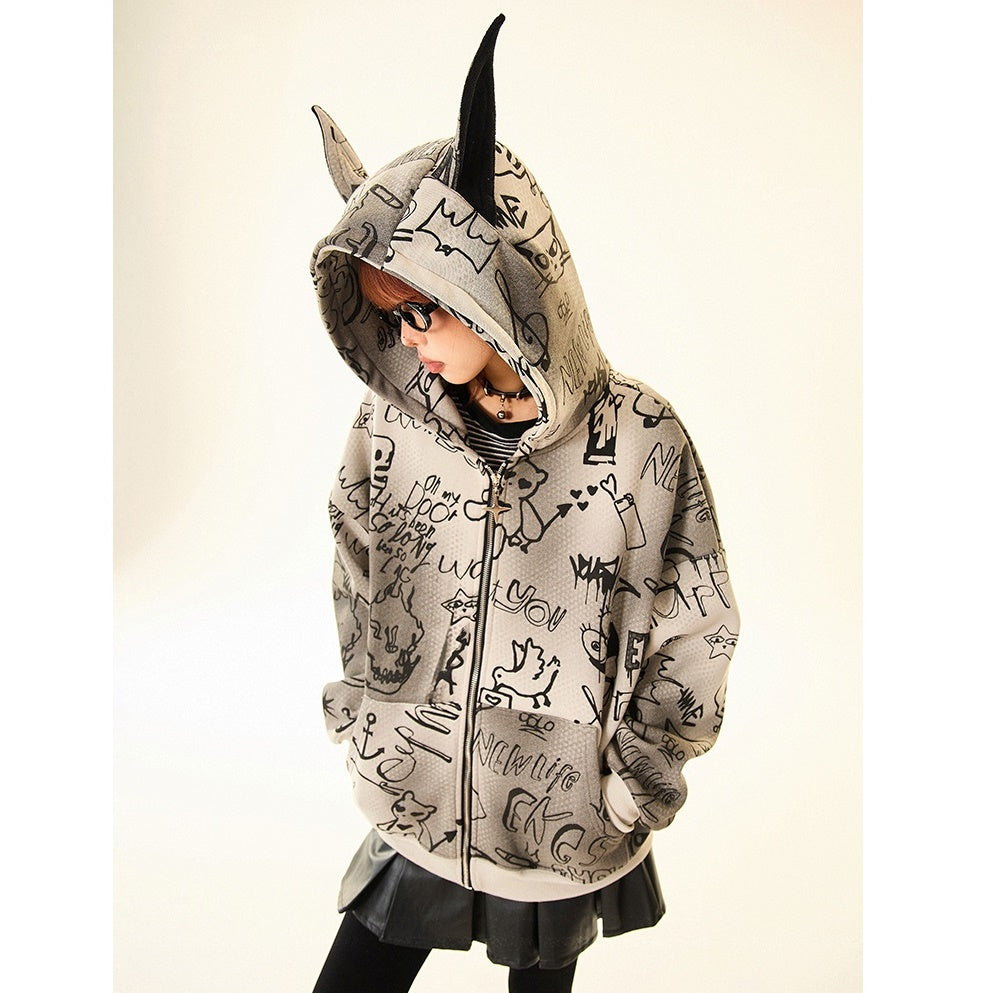 Doberman Ear Hooded Graphic Print Zip-Up Parka MW9701