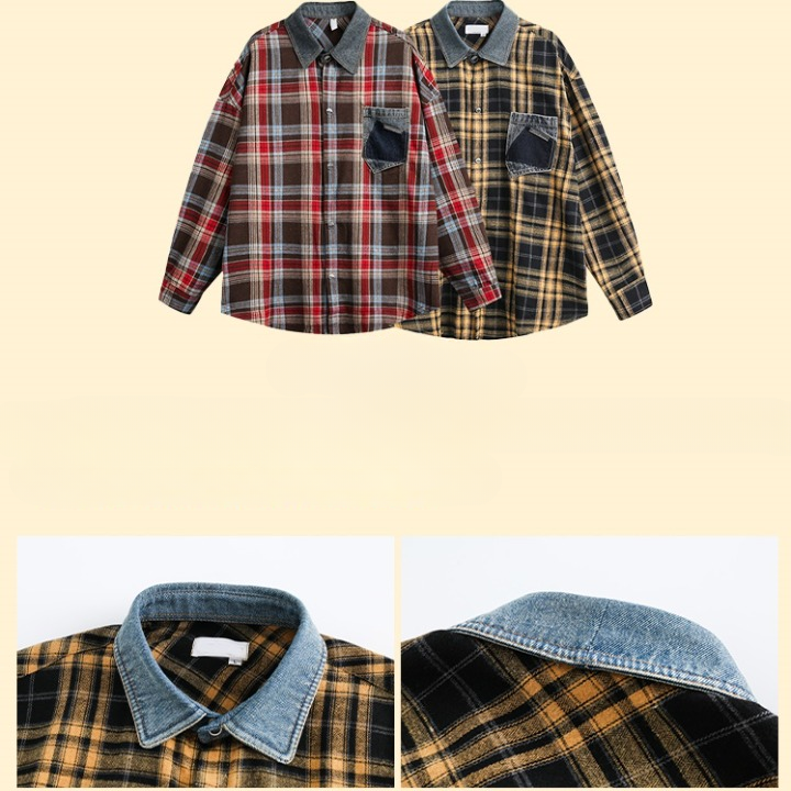 Plaid Denim Collar Loose Shirt MW9376