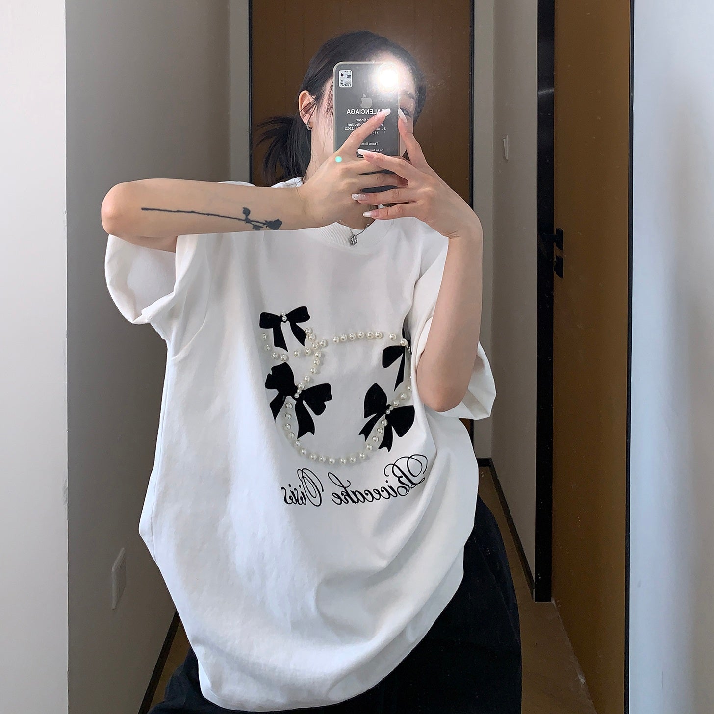 Flocking Bow Beads T-shirt MW10076