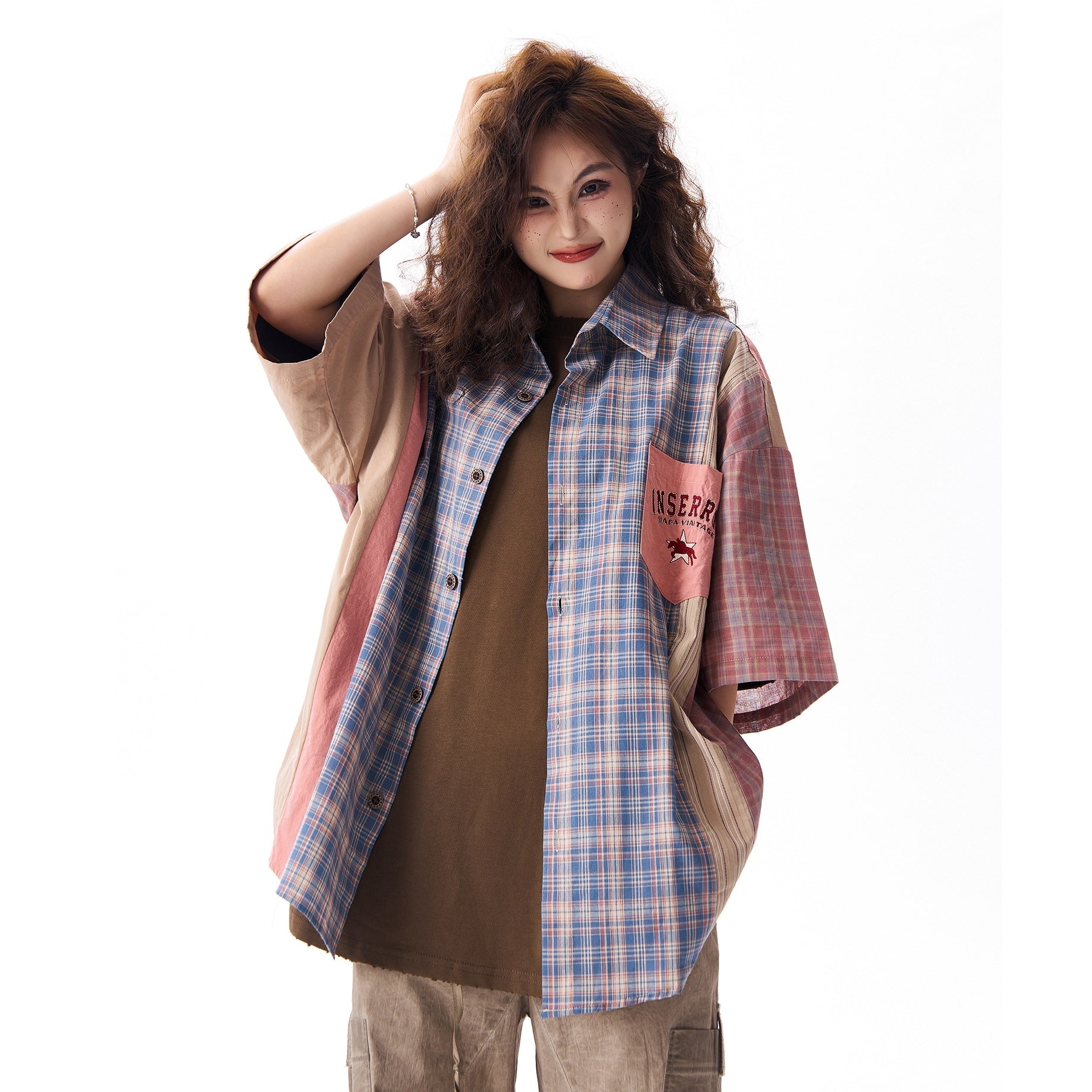 Stripe Plaid Patchwork Loose Short Sleeve Shirt HG7165