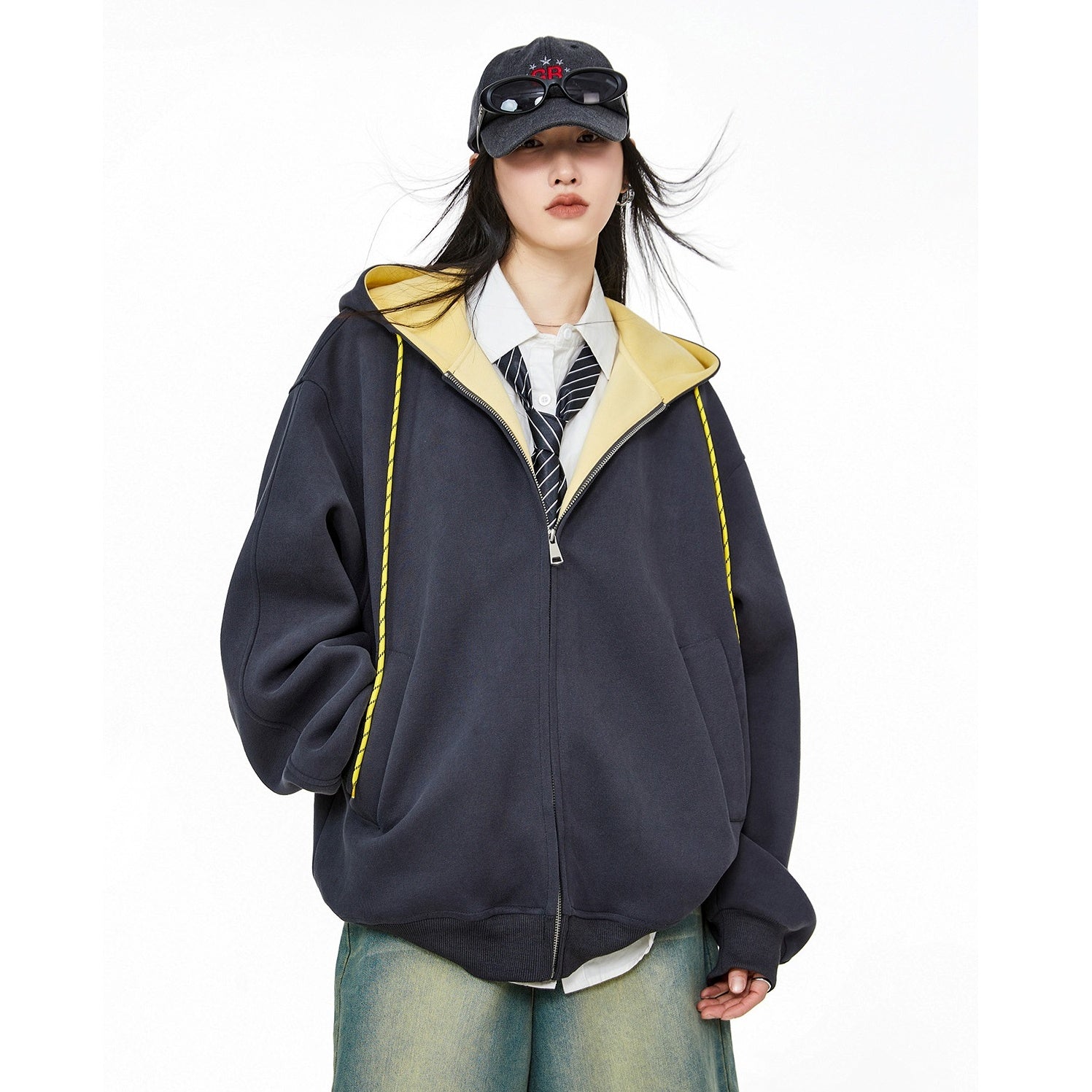 Contrast Color Hooded Sweat Jacket IC9008