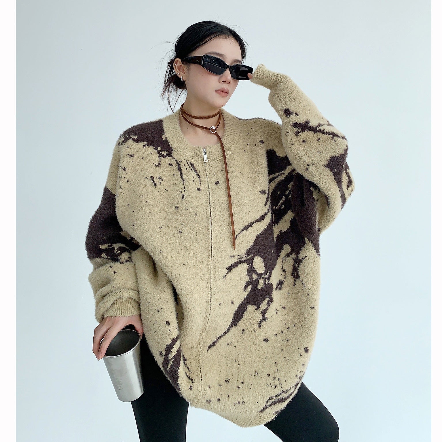 Round Neck Marble Design Loose Knitted Jacket MW9509