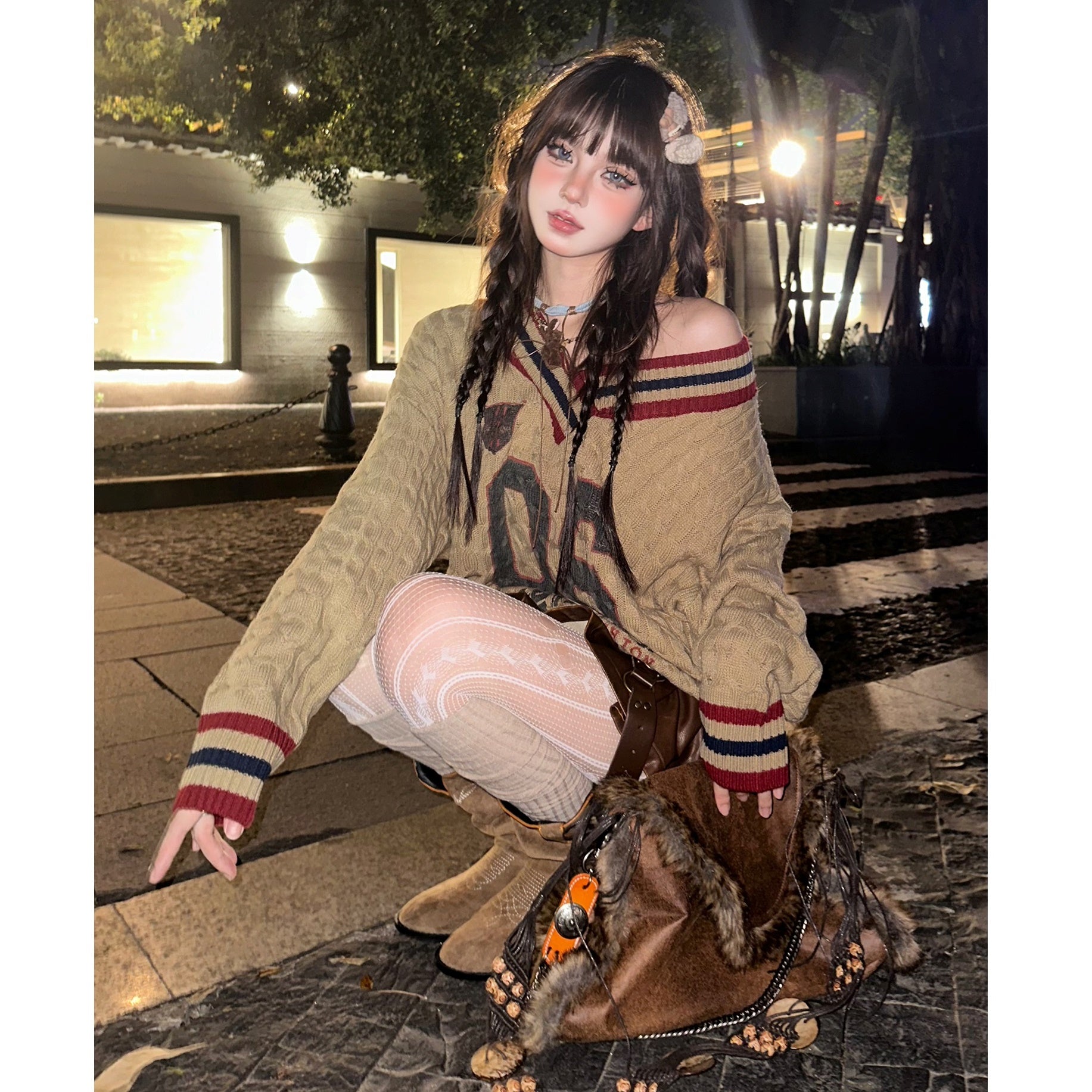 College Style Loose V-neck Cable Sweater KK2019