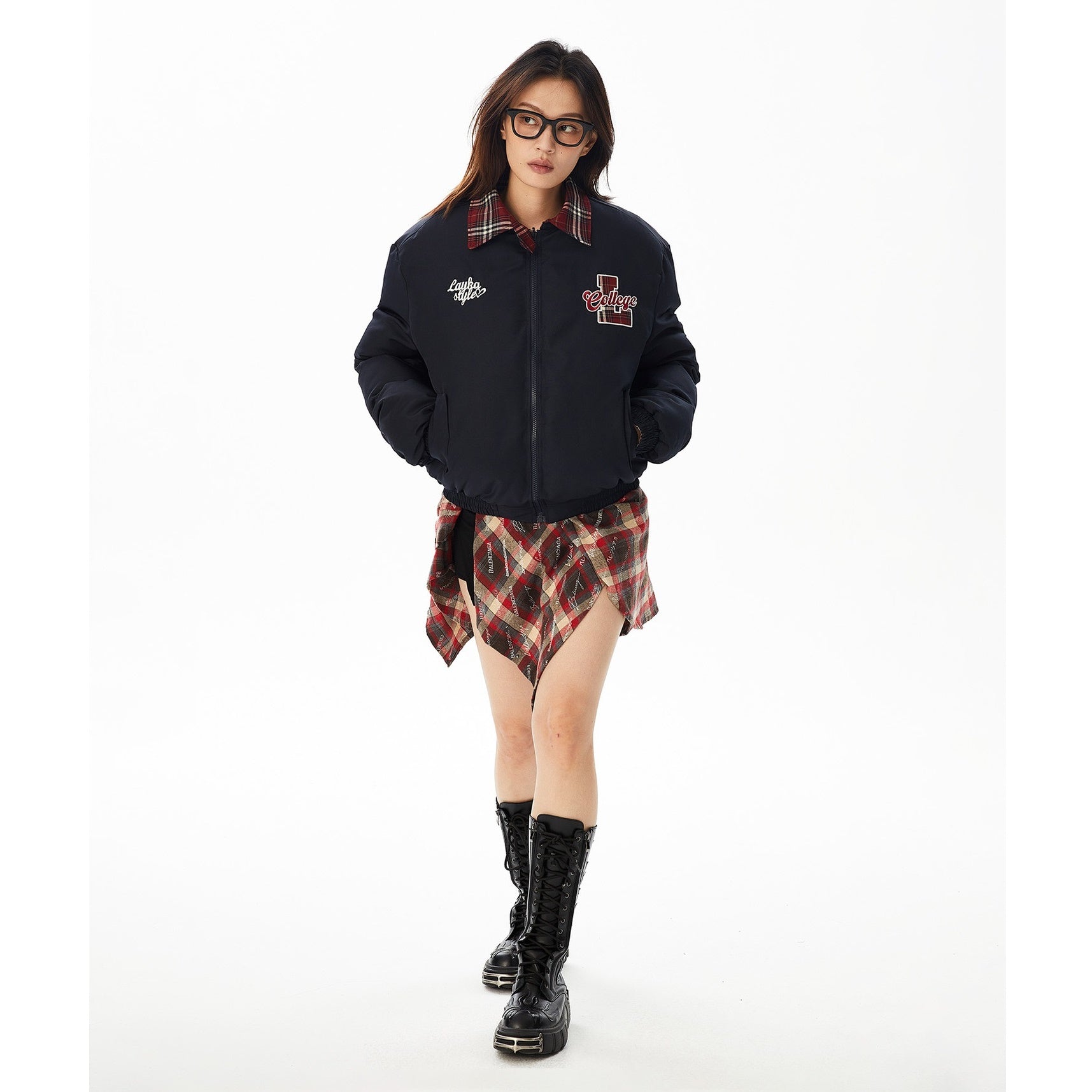 Plaid Lapel Reversible Zip-Up Padded Jacket MW9622