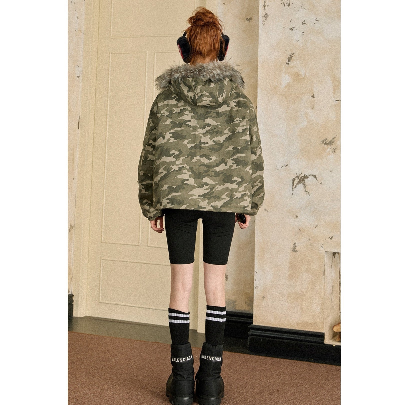 Fur Stitch Camouflage Hooded Zip Coat EZ179