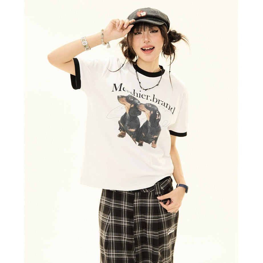 Contrast Color Puppy Print Casual T-Shirt MW9226