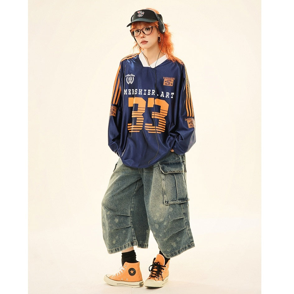 V-neck Sports Style Jersey Long-sleeved T-shirt MW9285