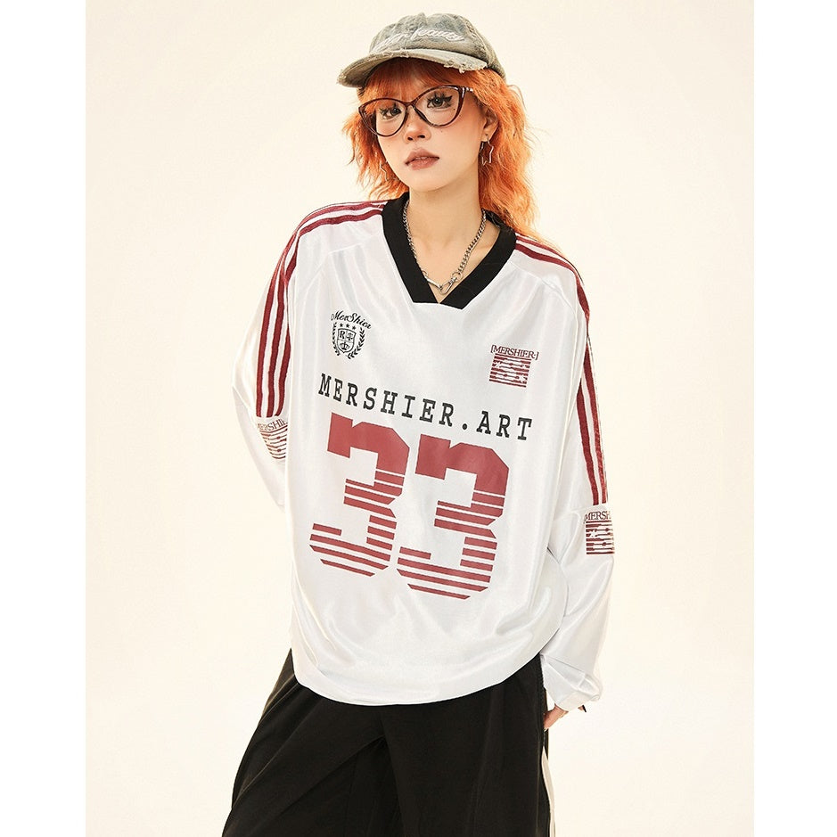 V-neck Sports Style Jersey Long-sleeved T-shirt MW9285