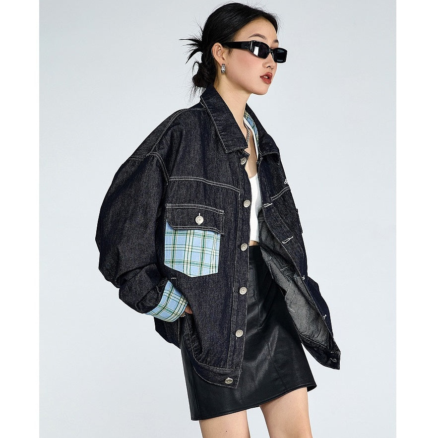 Plaid Patchwork Loose Denim Jacket MW9317