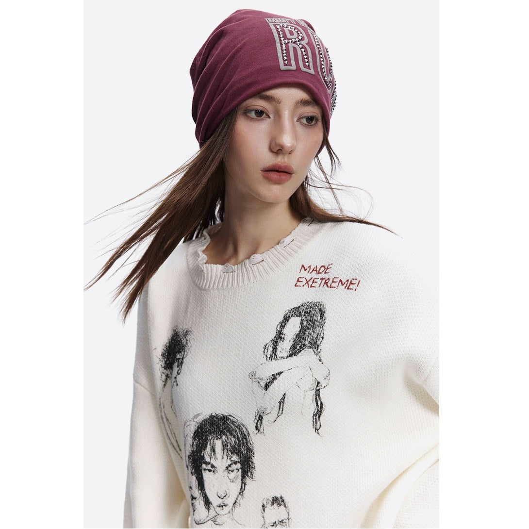 Sketch Print Art Design Loose Damage Sweater MW9617