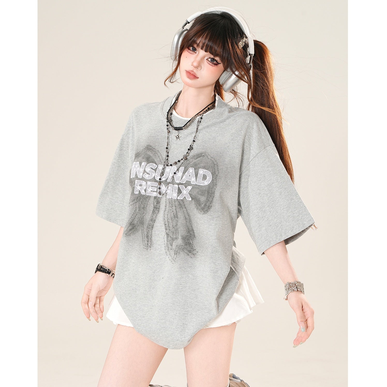 Ribbon Print Loose T-Shirt KK2029