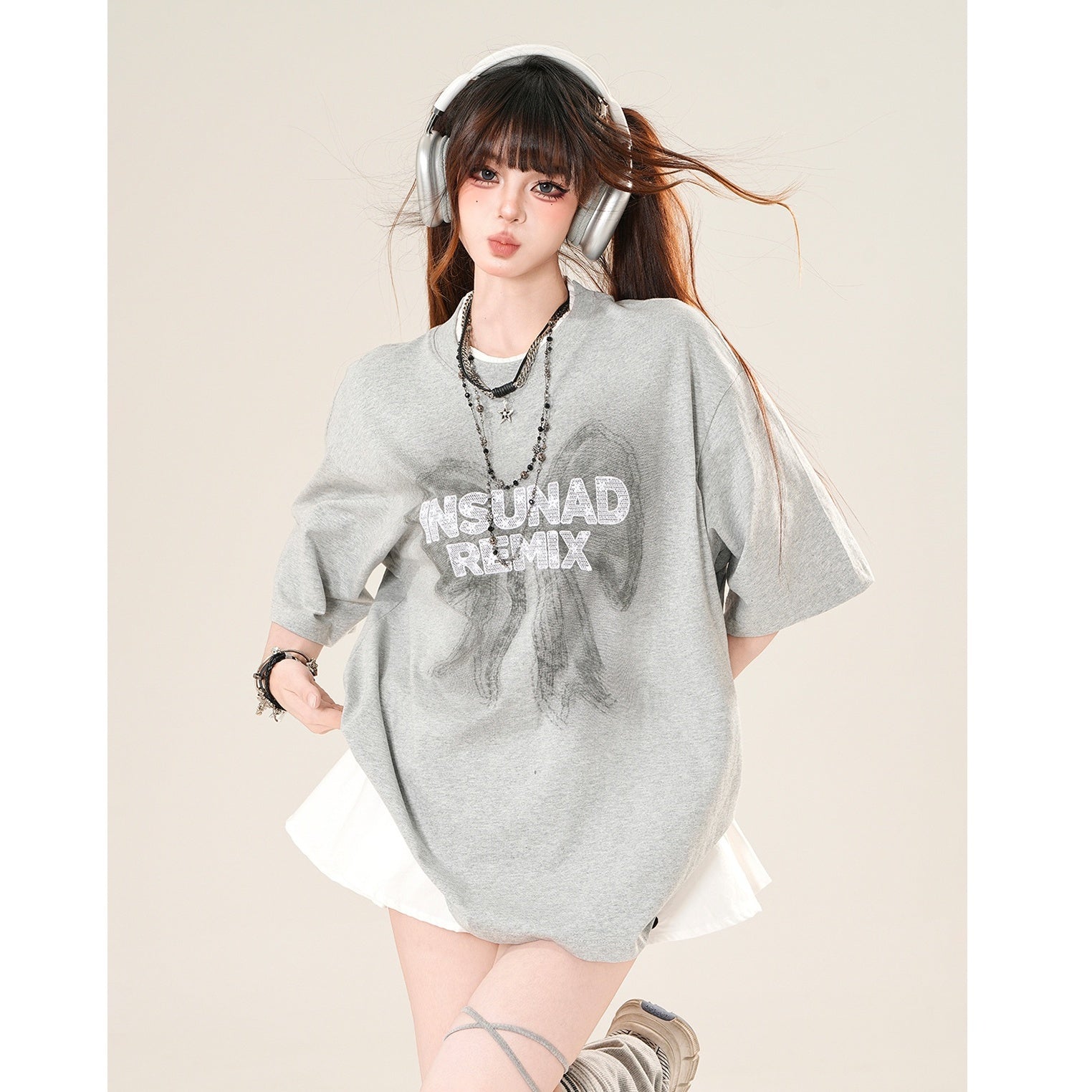 Ribbon Print Loose T-Shirt KK2029