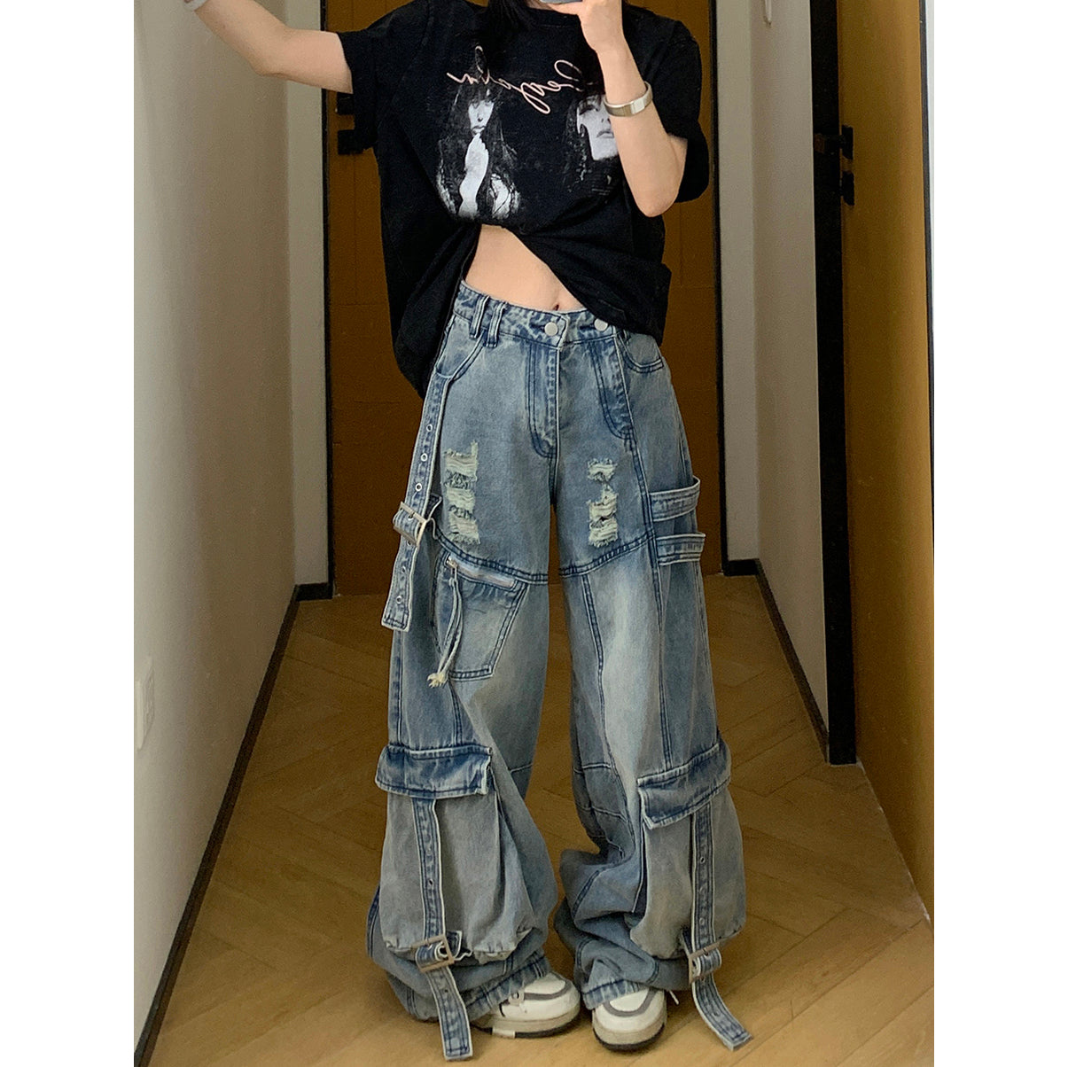 デニムパンツ ダメージ加工Take Off Crash borderdenim ダメージ加工オーバーサイズカーゴデニムパンツ CK2005