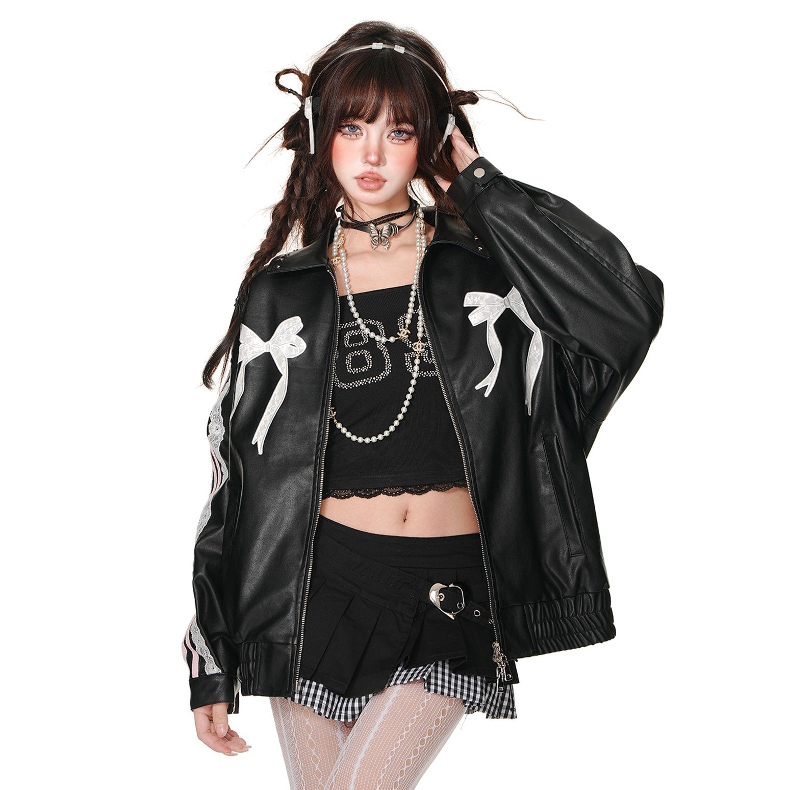 Ribbon Lace Stitch Girly Leather Jacket KK2010