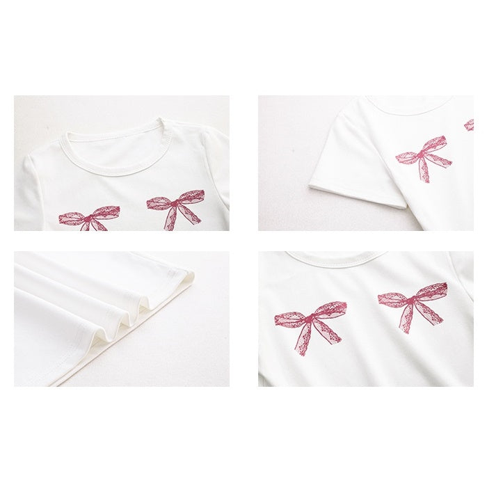 Lace Ribbon Print Slim Cropped T-shirt MW9219