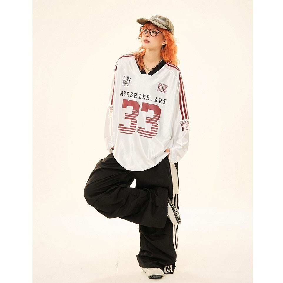 V-neck Sports Style Jersey Long-sleeved T-shirt MW9285