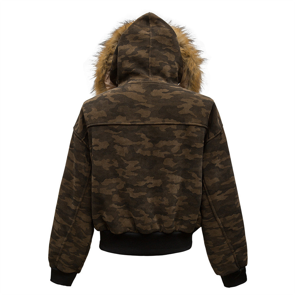 Camouflage Patchwork Fur Collar Hooded Jacket MW10312