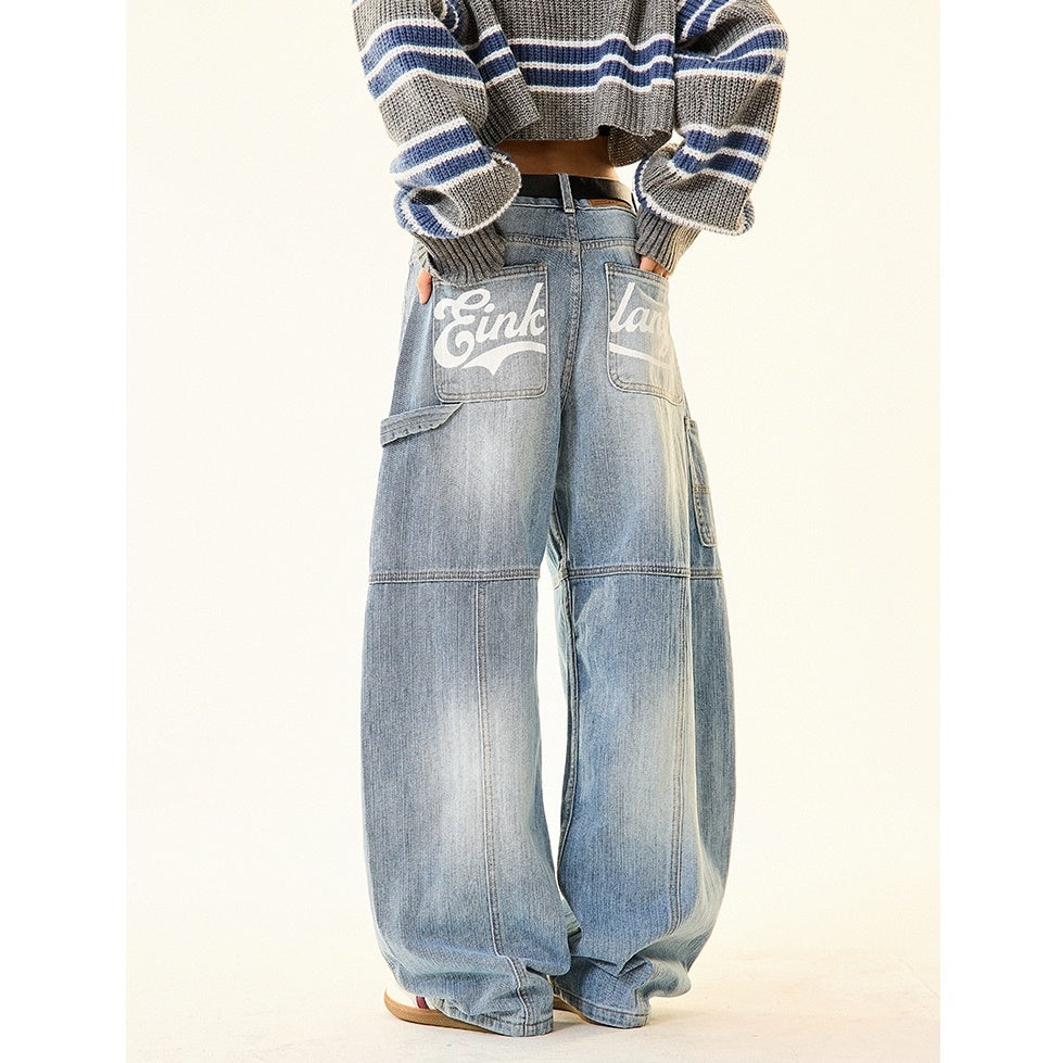 Back Print Loose Barrel-Leg Work Jeans MW9700