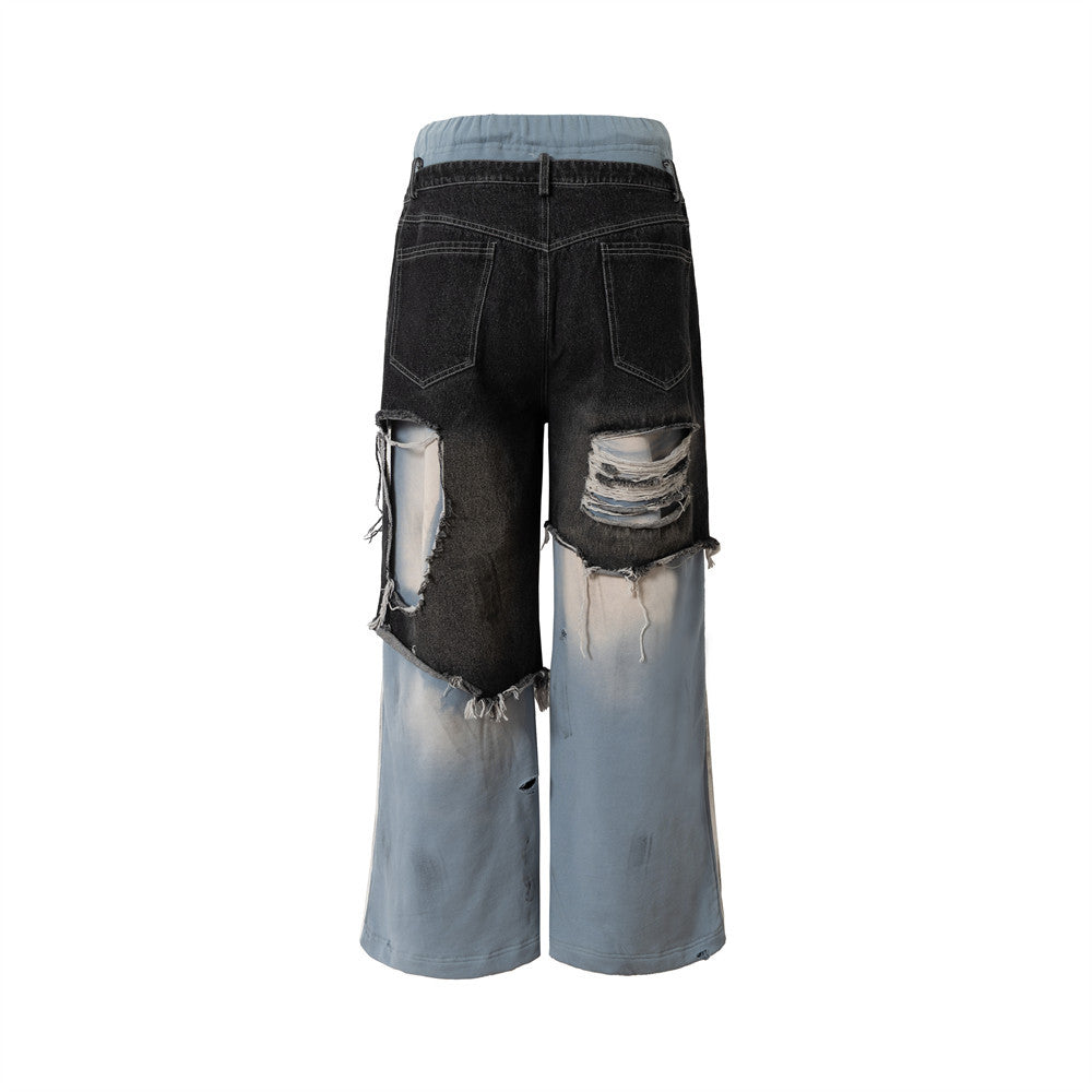 Fake Two Pieces Punk Denim Patchwork Flare Pants MW10338